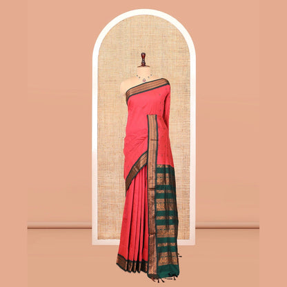 Pothys Pink Kalyani Cotton Saree, Woven with Thread Buttas, Complemented by a Contrast Traditional Border, Traditional Pallu, and a Contrast Blouse