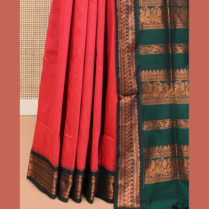 Pothys Pink Kalyani Cotton Saree, Woven with Thread Buttas, Complemented by a Contrast Traditional Border, Traditional Pallu, and a Contrast Blouse