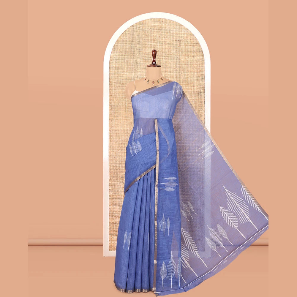 Pothys Blue Linen Cotton Saree Features Tree Print, a Zari Piping Border, and a Matching Blouse