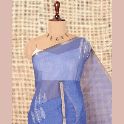 Pothys Blue Linen Cotton Saree Features Tree Print, a Zari Piping Border, and a Matching Blouse