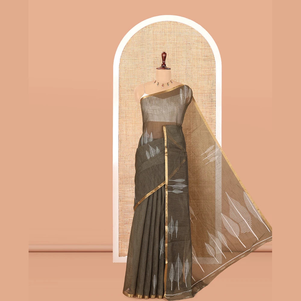 Pothys Olive Green Linen Cotton Saree Features Tree Print, a Zari Piping Border, and a Matching Blouse