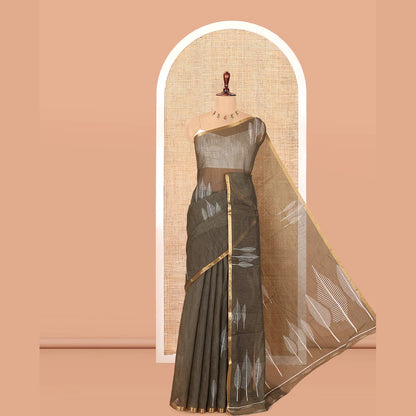 Pothys Olive Green Linen Cotton Saree Features Tree Print, a Zari Piping Border, and a Matching Blouse