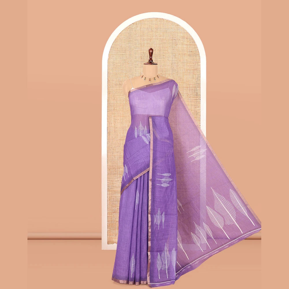 Pothys Violet Linen Cotton Saree Features Tree Print, a Zari Piping Border, and a Matching Blouse