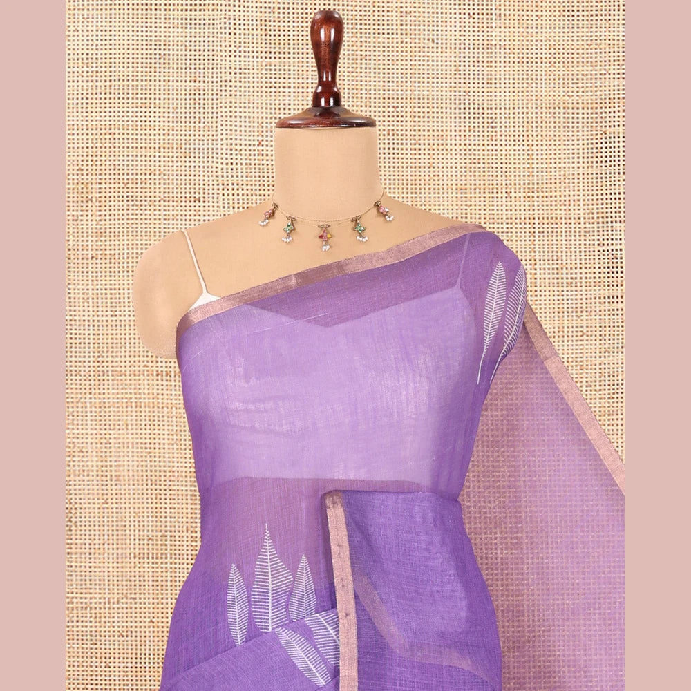 Pothys Violet Linen Cotton Saree Features Tree Print, a Zari Piping Border, and a Matching Blouse