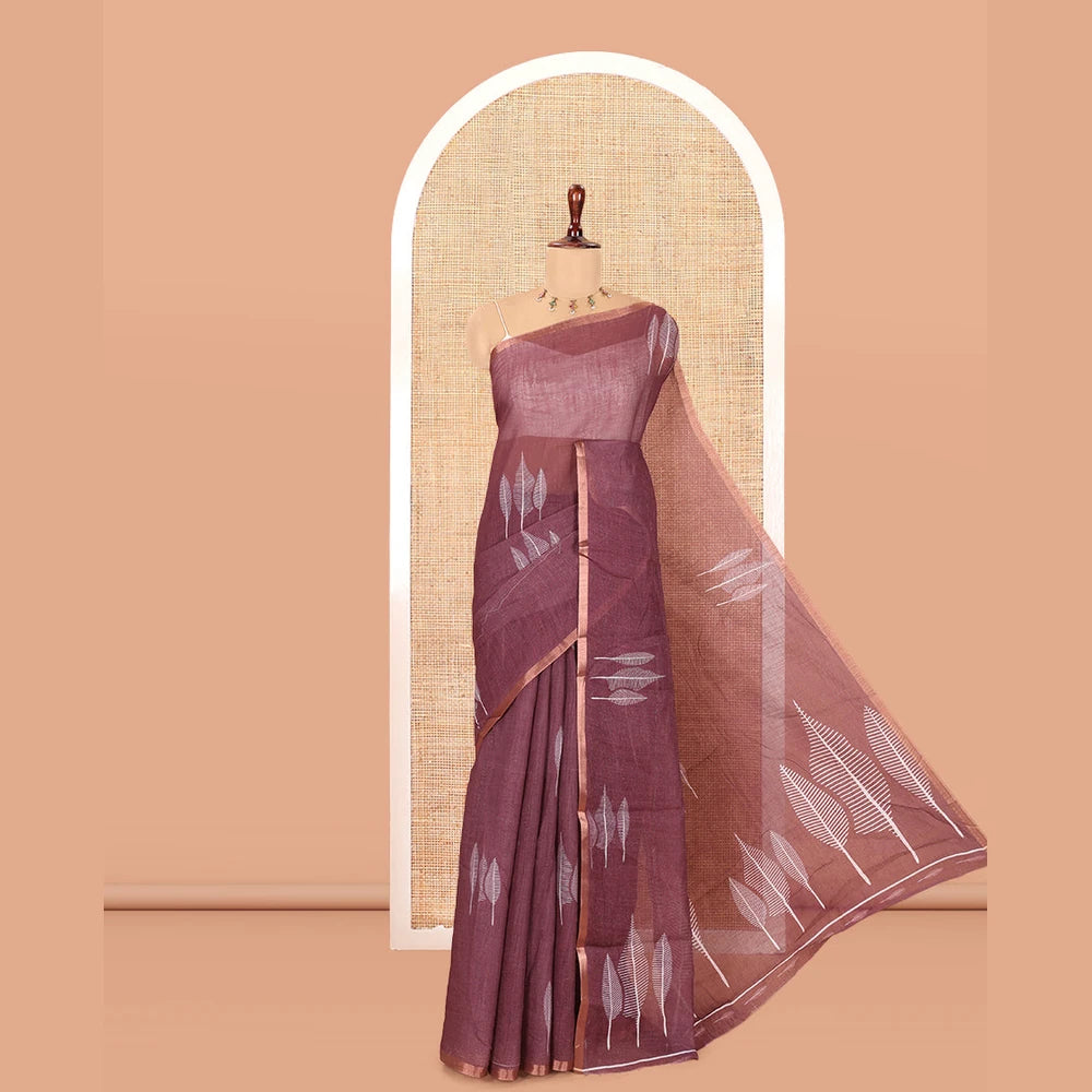 Pothys Wine Linen Cotton Saree Features Tree Print, a Zari Piping Border, and a Matching Blouse