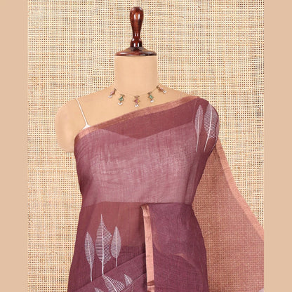 Pothys Wine Linen Cotton Saree Features Tree Print, a Zari Piping Border, and a Matching Blouse