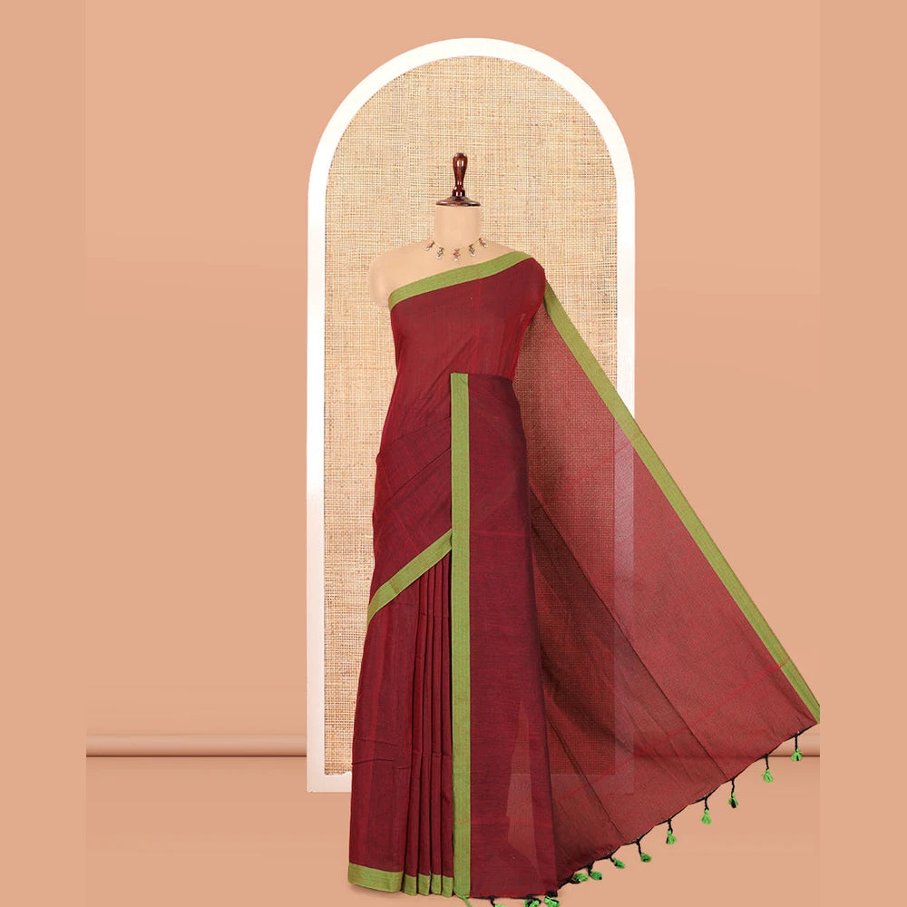 Pothys Maroon Plain Khadi Cotton Saree, a Contrast Border, a Self-Pallu, and No Blouse