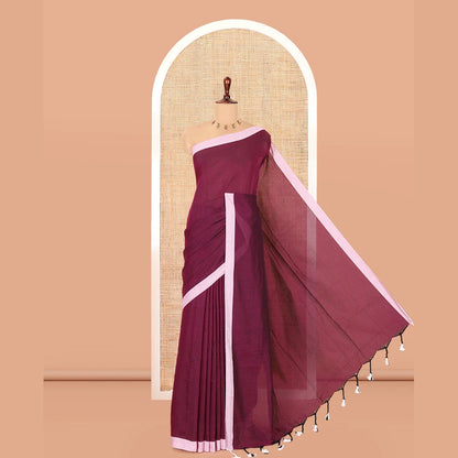 Pothys Purple Plain Khadi Cotton Saree, a Contrast Border, a Self-Pallu, and No Blouse