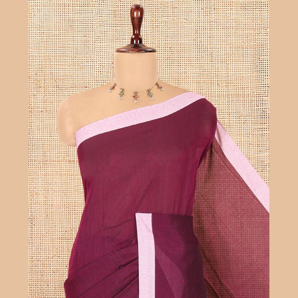 Pothys Purple Plain Khadi Cotton Saree, a Contrast Border, a Self-Pallu, and No Blouse