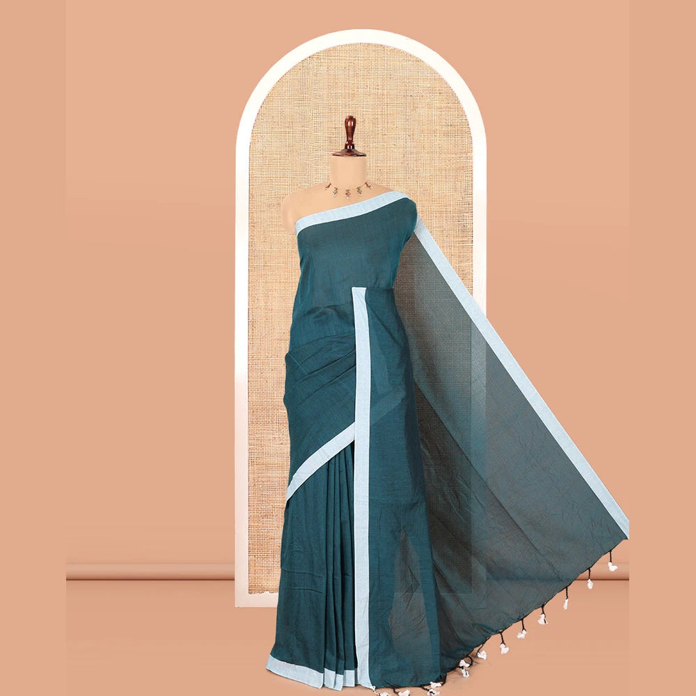 Pothys Peacock Green Plain Khadi Cotton Saree, a Contrast Border, a Self-Pallu, and No Blouse