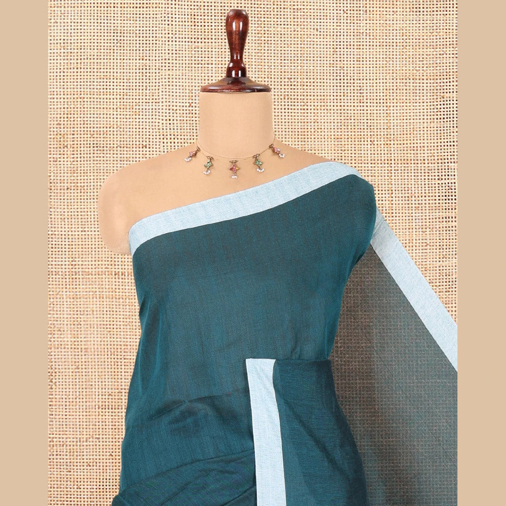 Pothys Peacock Green Plain Khadi Cotton Saree, a Contrast Border, a Self-Pallu, and No Blouse