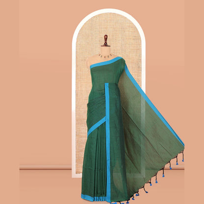 Pothys Green Plain Khadi Cotton Saree, a Contrast Border, a Self-Pallu, and No Blouse