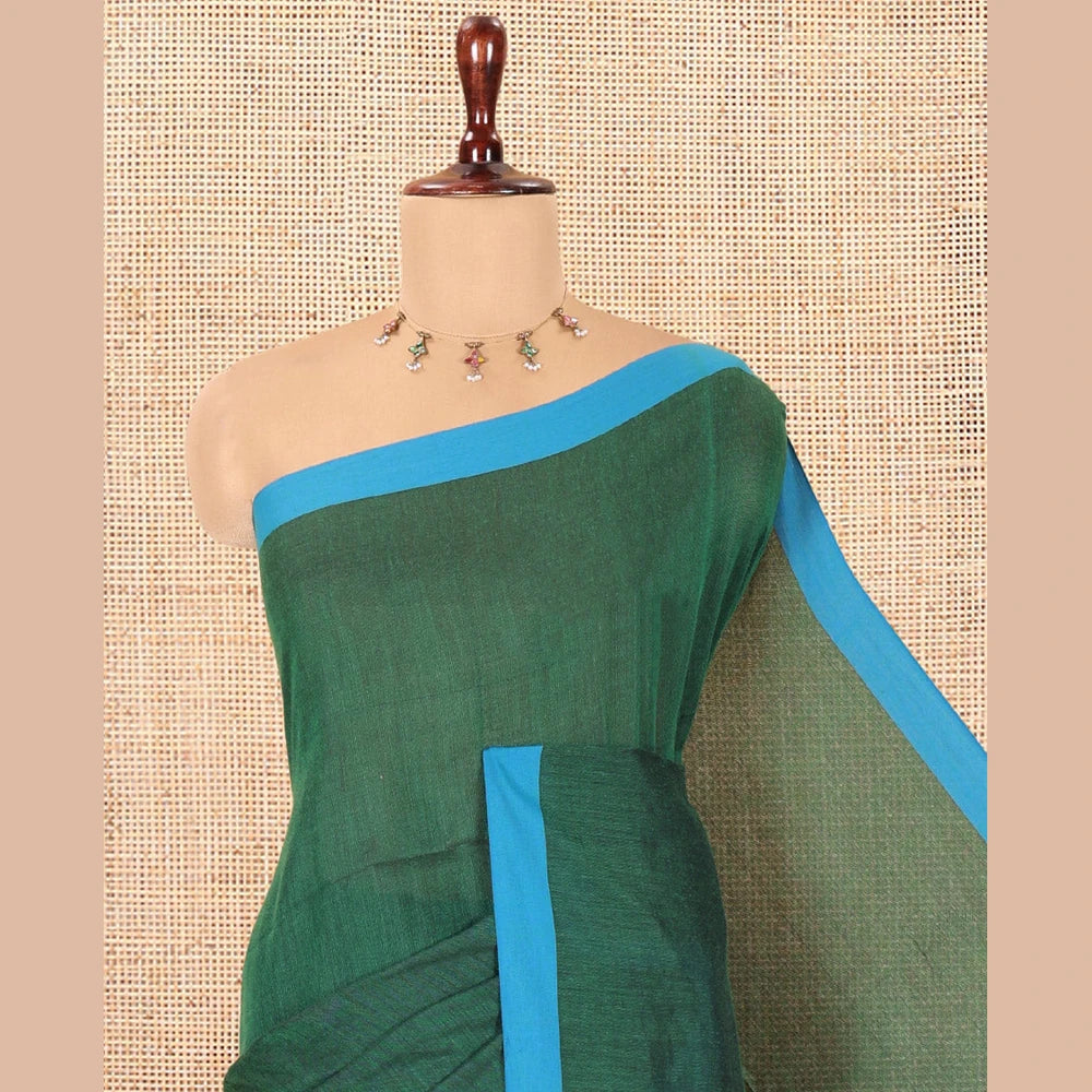 Pothys Green Plain Khadi Cotton Saree, a Contrast Border, a Self-Pallu, and No Blouse