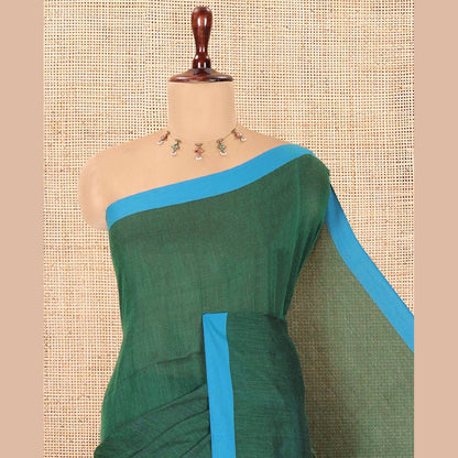 Pothys Green Plain Khadi Cotton Saree, a Contrast Border, a Self-Pallu, and No Blouse
