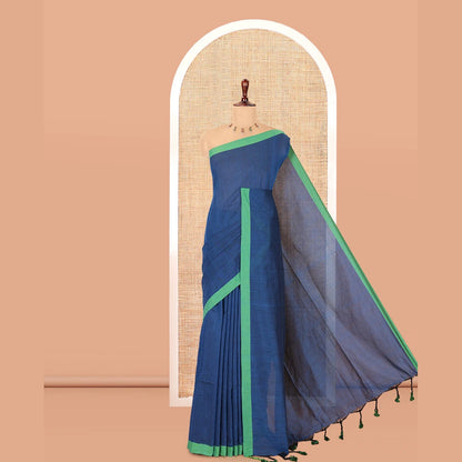 Pothys Royal Blue Plain Khadi Cotton Saree, a Contrast Border, a Self-Pallu, and No Blouse