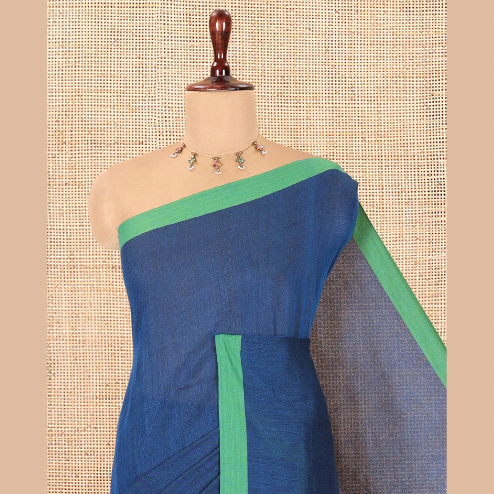 Pothys Royal Blue Plain Khadi Cotton Saree, a Contrast Border, a Self-Pallu, and No Blouse