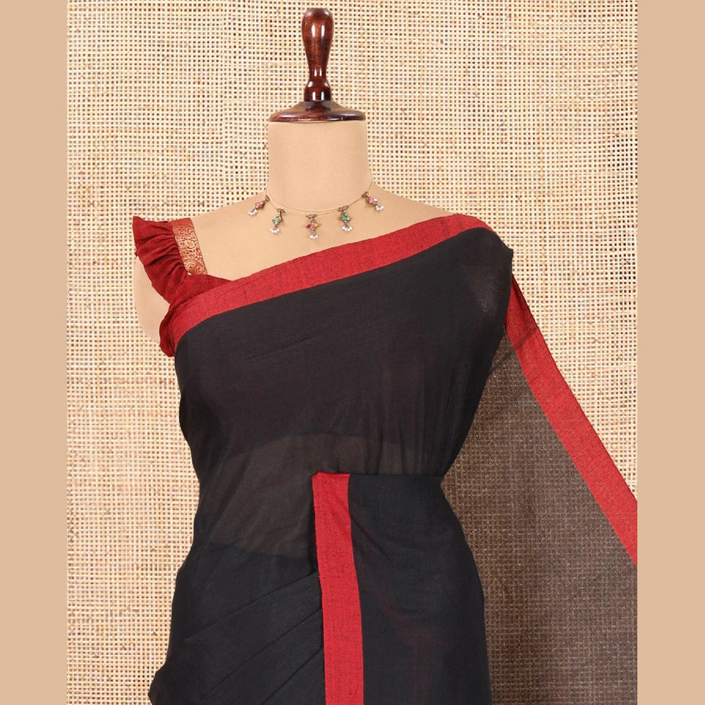 Pothys Black Plain Khadi Cotton Saree, a Contrast Border, a Self-Pallu, and No Blouse