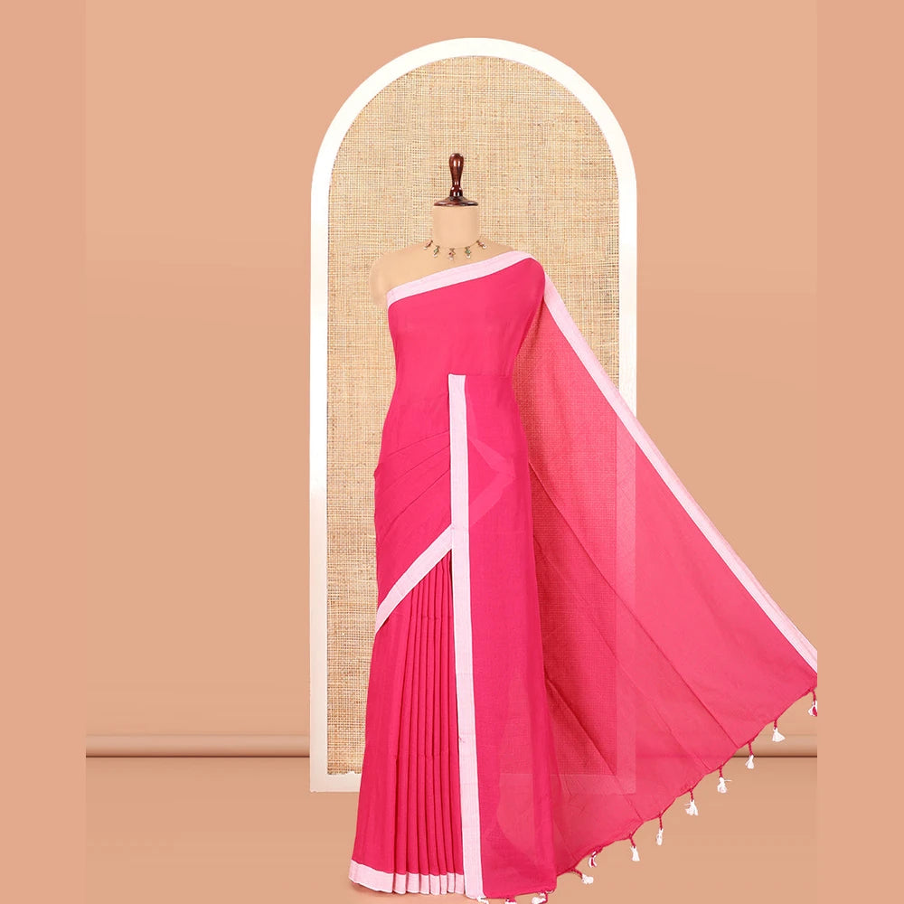 Pothys Rani Pink Plain Khadi Cotton Saree, a Contrast Border, a Self-Pallu, and No Blouse