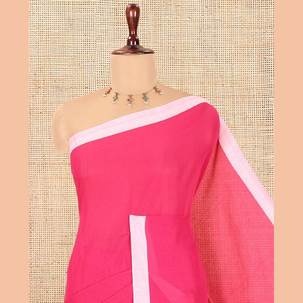 Pothys Rani Pink Plain Khadi Cotton Saree, a Contrast Border, a Self-Pallu, and No Blouse
