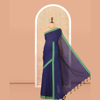 Pothys Blue Plain Khadi Cotton Saree, a Contrast Border, a Self-Pallu, and No Blouse