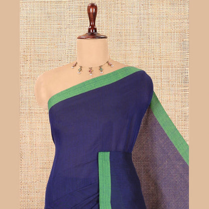 Pothys Blue Plain Khadi Cotton Saree, a Contrast Border, a Self-Pallu, and No Blouse