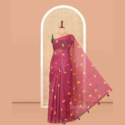 Pothys Borderless Purple Floral Motif Printed Linen Cotton Saree Comes with a Contrast Printed Blouse