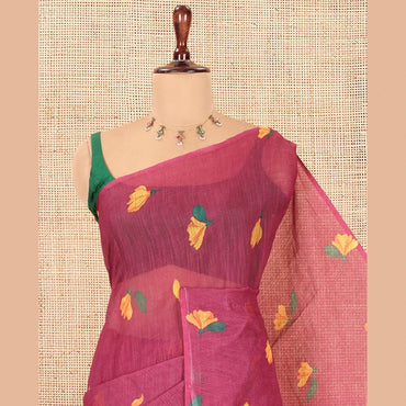 Pothys Borderless Purple Floral Motif Printed Linen Cotton Saree Comes with a Contrast Printed Blouse
