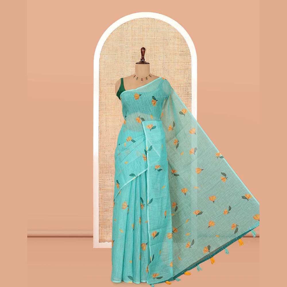 Pothys Borderless Rama Floral Motif Printed Linen Cotton Saree Comes with a Contrast Printed Blouse