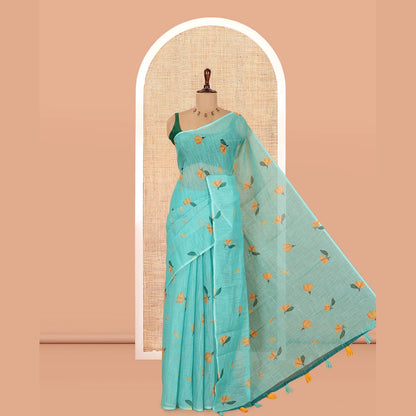 Pothys Borderless Rama Floral Motif Printed Linen Cotton Saree Comes with a Contrast Printed Blouse