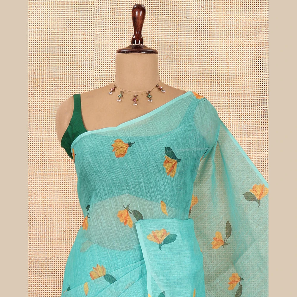 Pothys Borderless Rama Floral Motif Printed Linen Cotton Saree Comes with a Contrast Printed Blouse
