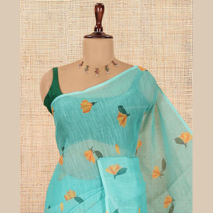 Pothys Borderless Rama Floral Motif Printed Linen Cotton Saree Comes with a Contrast Printed Blouse