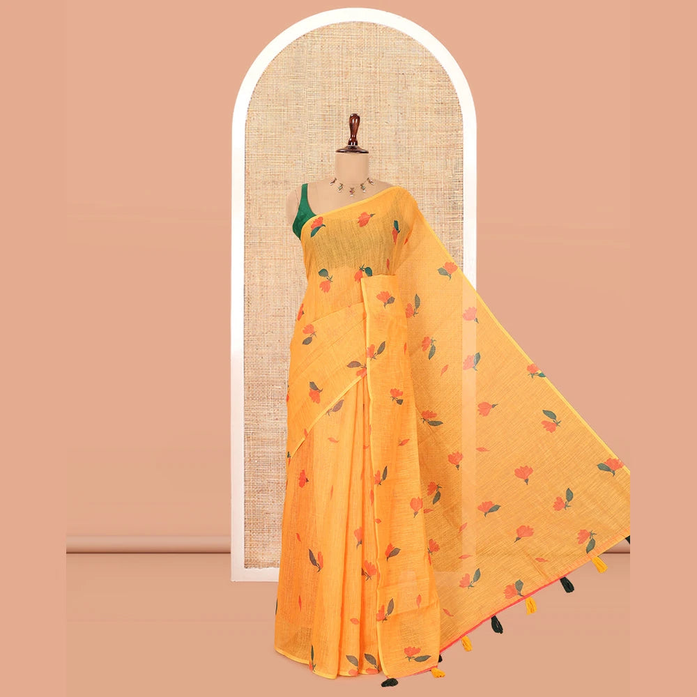 Pothys Borderless Orange Floral Motif Printed Linen Cotton Saree Comes with a Contrast Printed Blouse