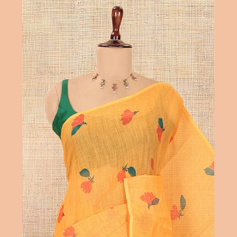 Pothys Borderless Orange Floral Motif Printed Linen Cotton Saree Comes with a Contrast Printed Blouse