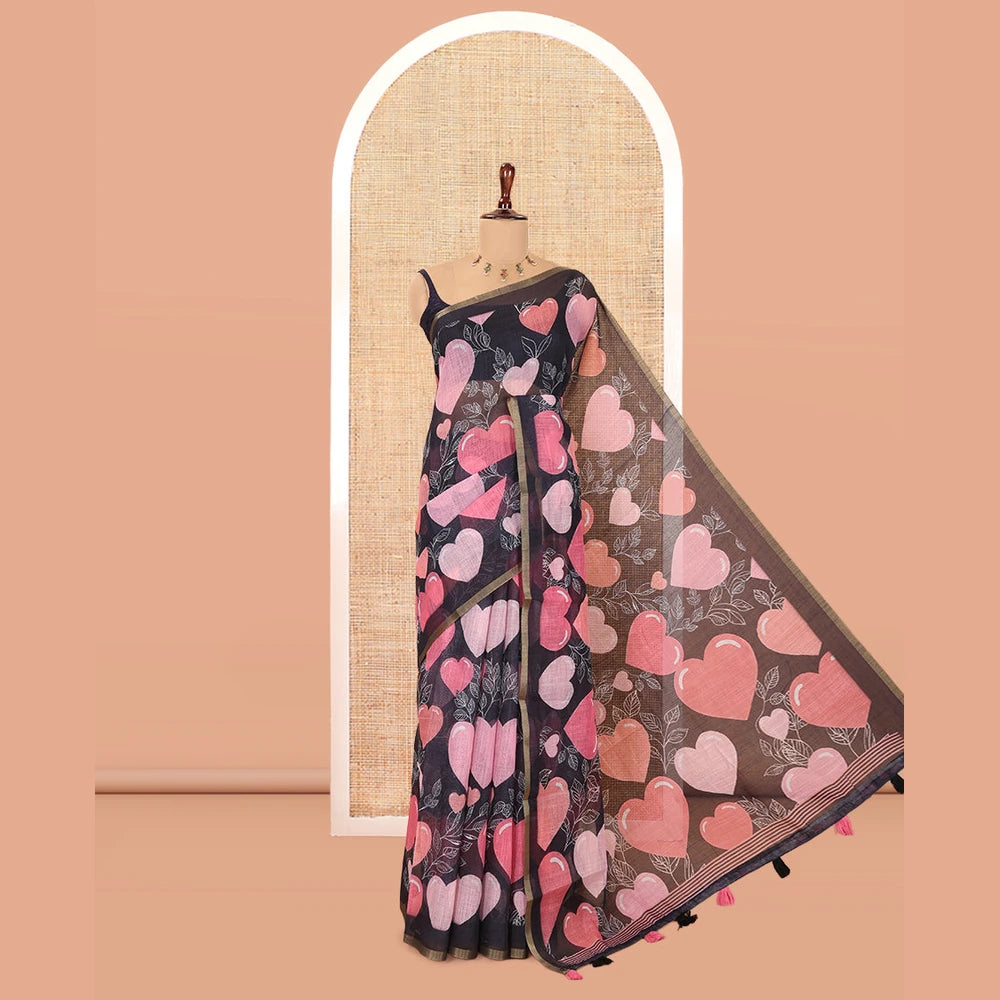 Pothys Borderless Black Heart Motifs Printed Linen-Cotton Saree, Self-Printed Pallu, and Matching Blouse