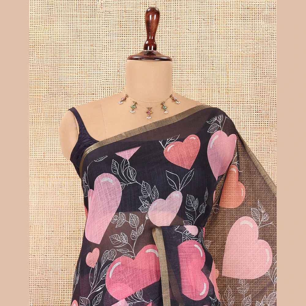Pothys Borderless Black Heart Motifs Printed Linen-Cotton Saree, Self-Printed Pallu, and Matching Blouse