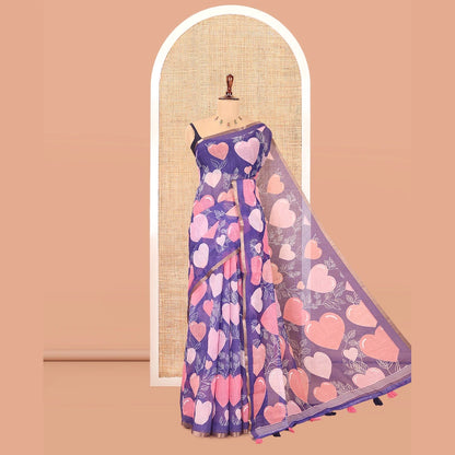 Pothys Borderless Violet Heart Motifs Printed Linen-Cotton Saree, Self-Printed Pallu, and Matching Blouse