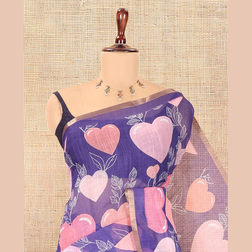Pothys Borderless Violet Heart Motifs Printed Linen-Cotton Saree, Self-Printed Pallu, and Matching Blouse