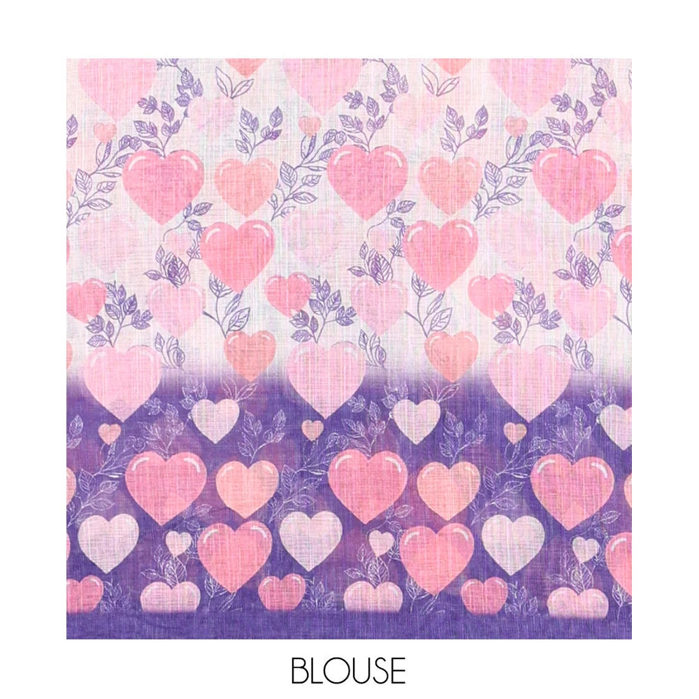 Pothys Borderless Violet Heart Motifs Printed Linen-Cotton Saree, Self-Printed Pallu, and Matching Blouse