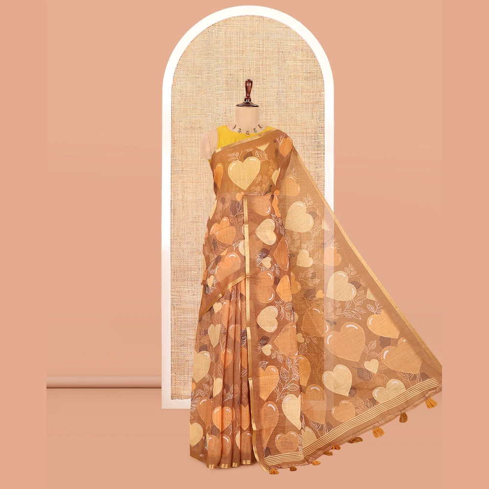 Pothys Borderless Brown Heart Motifs Printed Linen-Cotton Saree, Self-Printed Pallu, and Matching Blouse