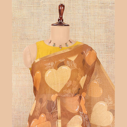 Pothys Borderless Brown Heart Motifs Printed Linen-Cotton Saree, Self-Printed Pallu, and Matching Blouse