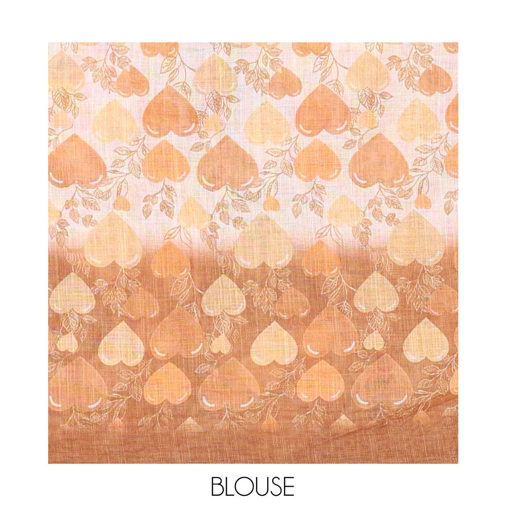 Pothys Borderless Brown Heart Motifs Printed Linen-Cotton Saree, Self-Printed Pallu, and Matching Blouse
