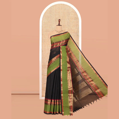 Pothys Black Chettinad Cotton Saree, Woven with Zari Buttas, a Contrast Traditional Rettai Pettu Border, Matching Blouse