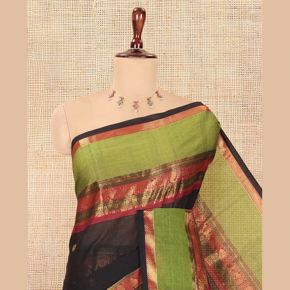 Pothys Black Chettinad Cotton Saree, Woven with Zari Buttas, a Contrast Traditional Rettai Pettu Border, Matching Blouse