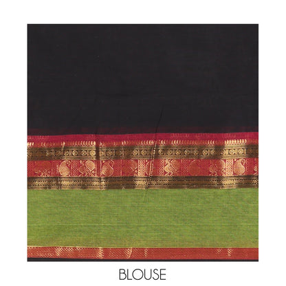 Pothys Black Chettinad Cotton Saree, Woven with Zari Buttas, a Contrast Traditional Rettai Pettu Border, Matching Blouse