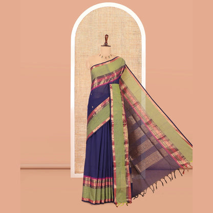 Pothys Navy Blue Chettinad Cotton Saree, Woven with Zari Buttas, a Contrast Traditional Rettai Pettu Border, Matching Blouse