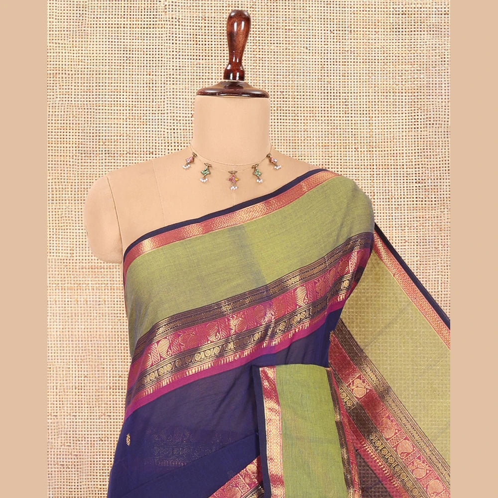 Pothys Navy Blue Chettinad Cotton Saree, Woven with Zari Buttas, a Contrast Traditional Rettai Pettu Border, Matching Blouse