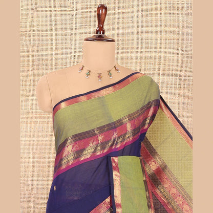 Pothys Navy Blue Chettinad Cotton Saree, Woven with Zari Buttas, a Contrast Traditional Rettai Pettu Border, Matching Blouse
