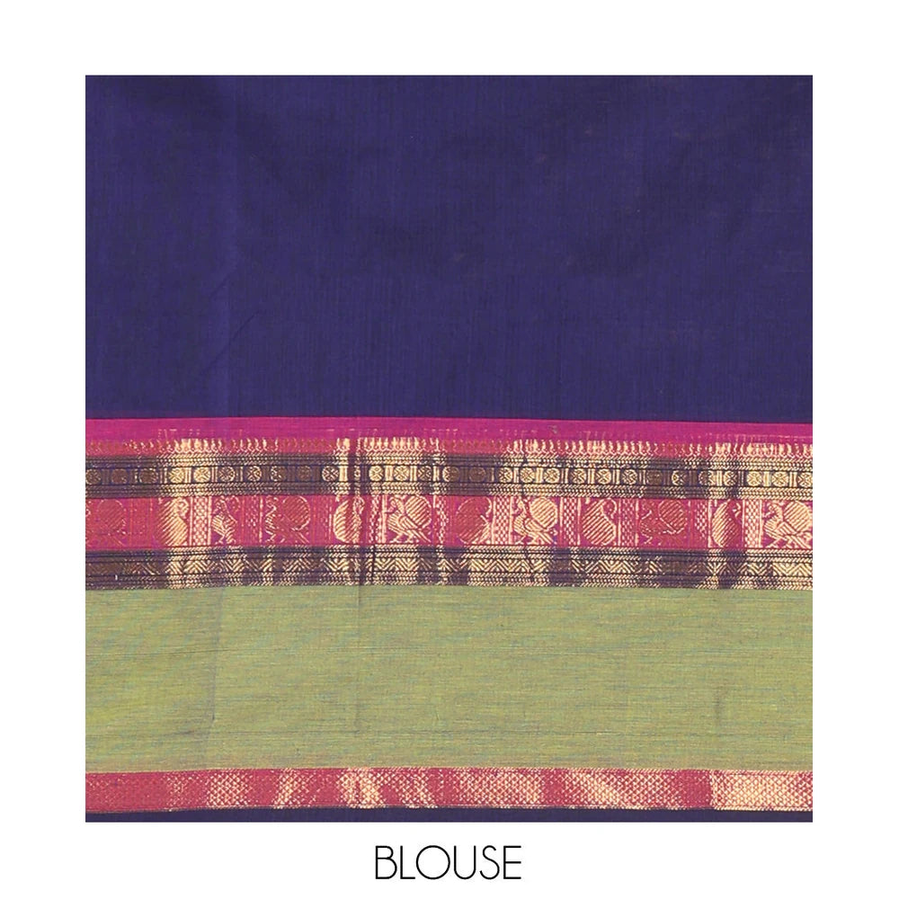 Pothys Navy Blue Chettinad Cotton Saree, Woven with Zari Buttas, a Contrast Traditional Rettai Pettu Border, Matching Blouse