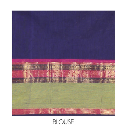 Pothys Navy Blue Chettinad Cotton Saree, Woven with Zari Buttas, a Contrast Traditional Rettai Pettu Border, Matching Blouse