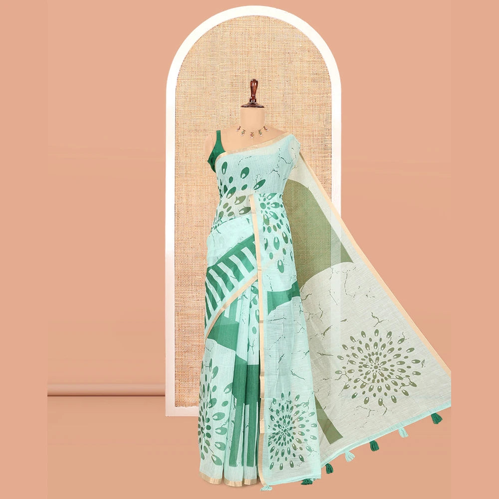 Pothys Borderless Rama Green Linen Cotton Saree, Geometric-Abstract Print and Contrast Blouse